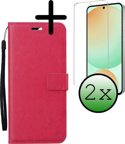 Hoesje Met 2x Screenprotector - Geschikt voor Samsung Galaxy S24 FE - Luxe Pasjeshouder - Bookcase Portemonee - Flip Case - Kunstleer Book Case - Flipcase Hoes - Book Cover - Walletcase - Portemonneehoes - Donkerroze
