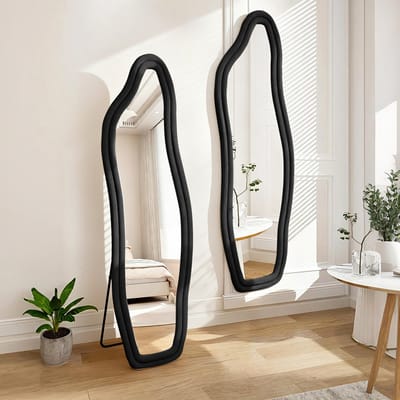 140 x 45 cm staande spiegel met zwart stoffen frame, geschikt voor slaapkamer, woonkamer, hal en kledingkast