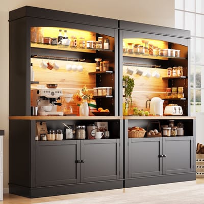 OKWISH Hoge Keukenkast - Met Ledverlichting Via Usb - 107x43x184 Cm - 2 Deuren En Open Rek - Mdf Metaal Zwart