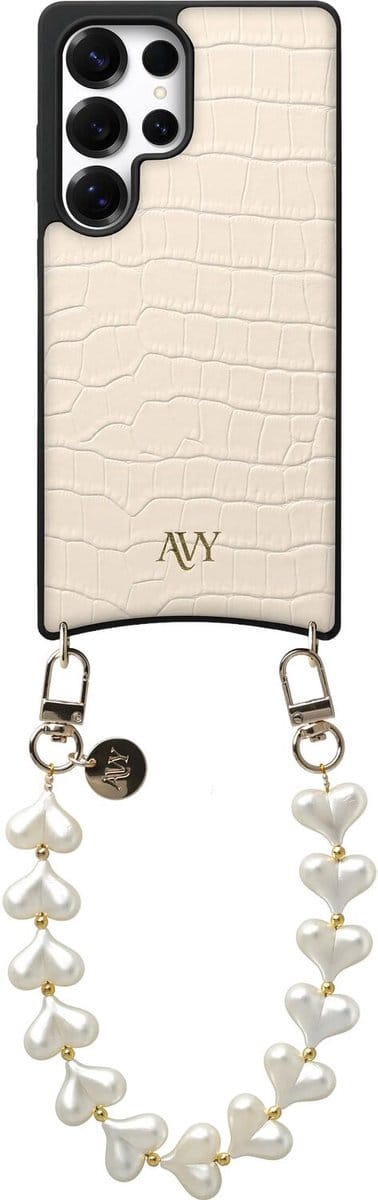 AVY Leren Hoesje Geschikt voor Samsung Galaxy S25 Ultra | Compatibel met MagSafe | Leather Case met Telefoonkoord | Polsband | Croco Beige | Cupid Pearl