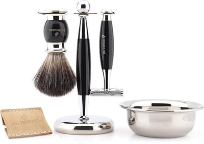 Klassieke scheerset voor heren met dubbelzijdig veiligheidsscheermes, standkom voor synthetische scheerkwasten en een perfecte cadeauset