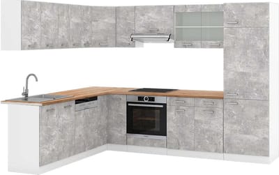 Vicco Hoekkeuken R-Line, Beton/Wit, 287 x 227 cm, WB Eik