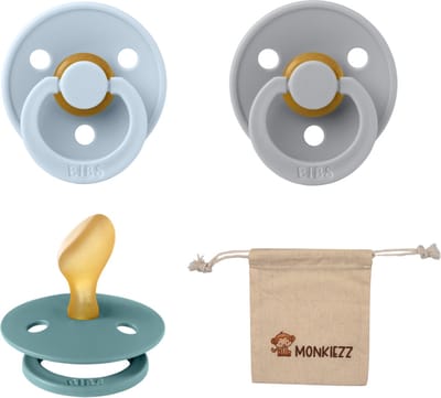 Bibs Dental fopspenen Anatomical 6-18 maanden- Set 3 stuks- Baby Blue, Cloud , Island Sea + Monkiezz speenzakje - orthodontisch- Anatomisch- Maat 2