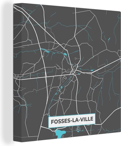 Canvas Schilderij Plattegrond – Fosses la Ville – Blauw – Stadskaart - Kaart - 20x20 cm - Wanddecoratie