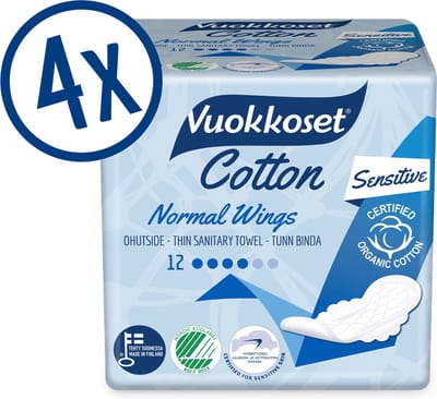 Vuokkoset Organisch Katoen Serie - Normaal Maandverband Met Vleugels - 4 x 12 stuks - Gevoelige Huid - Biologisch Katoen - Milieuvriendelijk