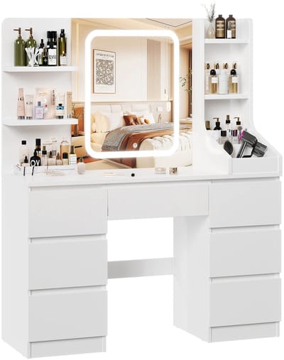 Noriva Glamstation - Kaptafel Met Spiegel En LED Verlichting - Make up Organizer - 7 Laden - Open Vakken - 110x40x139 cm