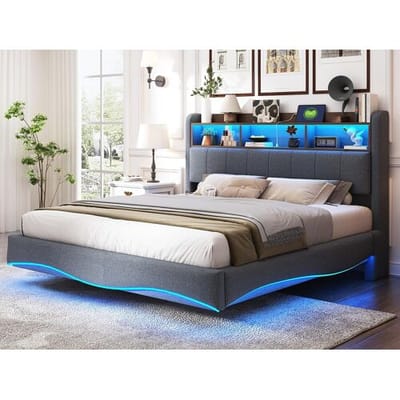 ModernLuxe Volwassen bed 160x200cm in linnenstof - opberghoofdeinde met LED en stopcontacten - Grijs