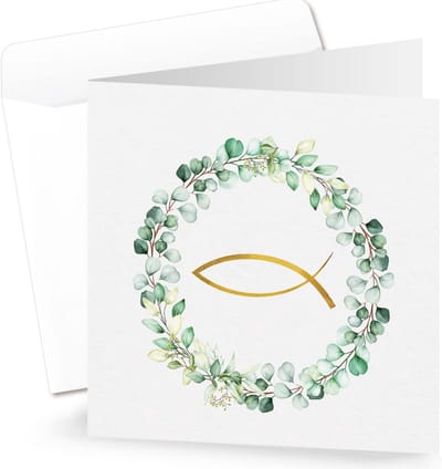 Gouden vis met eucalyptus - neutrale kaarten 15x15 cm inclusief enveloppen - geschikt voor doop, communie, vormsel, bruiloft