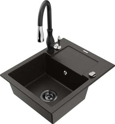 Mexen Enzo granieten gootsteen 1-komers met afdruiprek en keukenkraan Savita, zwart/goud metallic - 6506-75-672601-70-B