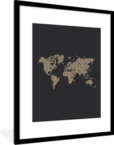 Poster in lijst - Fotolijst 60x80 cm - Posters - Wereldkaart - Panterprint - Design - Posterlijst zwart - Decoratie - Wanddecoratie woonkamer - Muurdecoratie slaapkamer