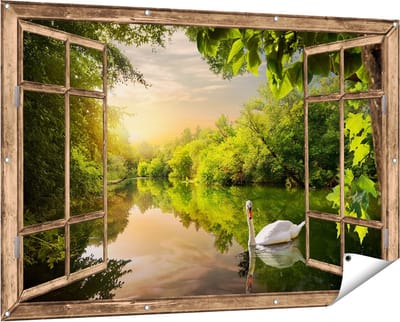 Gards Tuinposter Doorkijk Zwaan op het Water in het Bos - 150x100 cm - Tuindoek - Tuindecoratie - Wanddecoratie buiten - Tuinschilderij