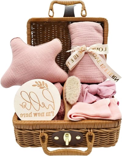 7-delige kraamcadeau set voor jongens en meisjes, inclusief dekentje, haarband, borstel, sokken, mijlpaalkaart en souvenirdoos, roze