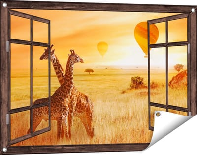 Gards Tuinposter Doorkijk Twee Giraffen met Twee Oranje Luchtballonnen - 90x60 cm - Tuindoek - Tuindecoratie - Wanddecoratie buiten - Tuinschilderij