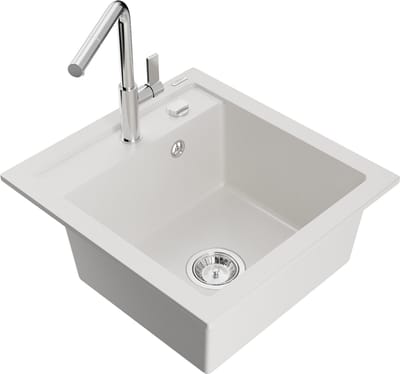 Mexen Vito 1-komorige granieten gootsteen met keukenkraan Flora, wit - 6503-20-670401-00