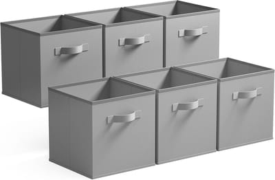 Famanu – Kubus opbergdozen - 6 Pak stoffen opbergkubussen 27 x 27 cm - opvouwbare opbergkubus met handvat opbergen en organiseren - storage boxes - fabric storage cubes - Grijs