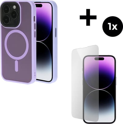 Mobiparts Hardcover MagSafe hoesje geschikt voor Apple iPhone 14 Pro - MagSafe - met 1 Screenprotector van Gehard Glas - Roze/Purple