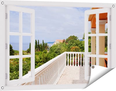 Gards Tuinposter Doorkijk Terras in Toscane - 90x60 cm - Tuindoek - Tuindecoratie - Wanddecoratie buiten - Tuinschilderij