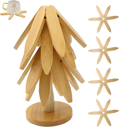Set van 4 houten onderzetters met standaard, ideaal voor keuken, eetkamer en feesten, duurzaam en stijlvol