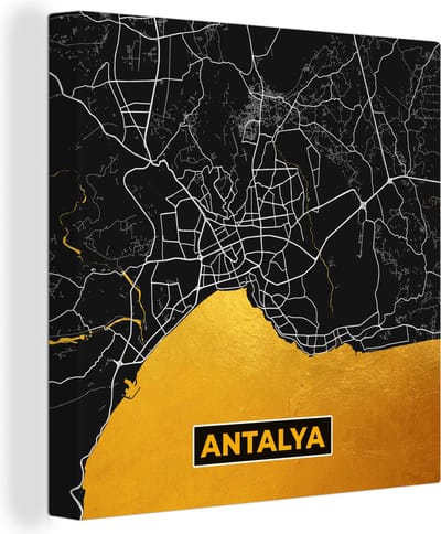 Canvas Schilderij Antalya - Goud - Plattegrond - Stadskaart - Kaart - 20x20 cm - Wanddecoratie