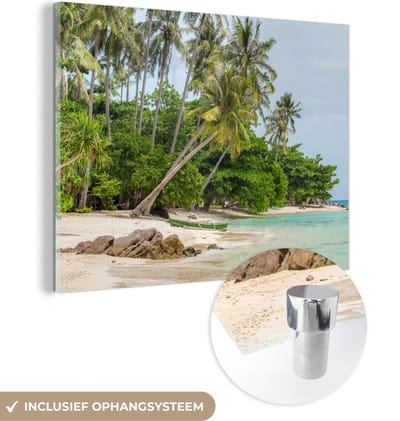 MuchoWow® Glasschilderij 40x30 cm - Schilderij acrylglas - Palmbomen - Strand - Zomer - Tropisch - Foto op glas - Schilderijen