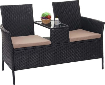 Polyrotan bank met tafel MCW-E24, tuinbank zitgroep tuinset, 132 cm ~ zwart, kussens crème