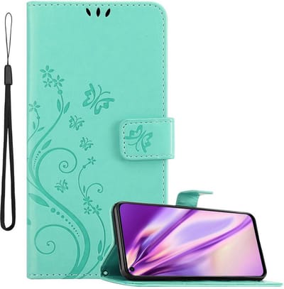 Cadorabo Hoesje geschikt voor Huawei NOVA 4 in BLOEMEN TURKOOIS - Beschermhoes in bloemmotief met magnetische sluiting, standfunctie en kaartsleuven Book Case Cover Etui