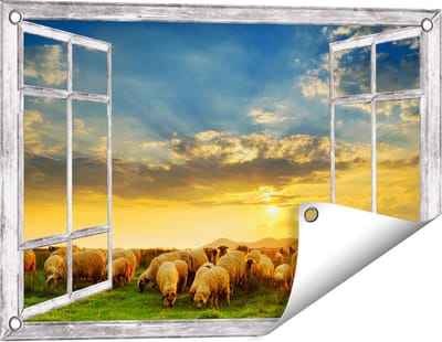 Gards Tuinposter Doorkijk Kudde Schapen op het Gras bij Zonsondergang - 60x40 cm - Tuindoek - Tuindecoratie - Wanddecoratie buiten - Tuinschilderij