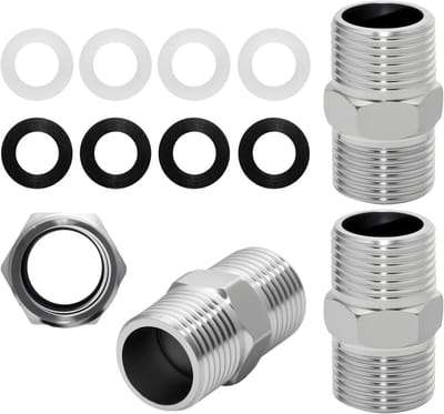 Verlengadapter voor douche slang 1/2 inch - 4 stuks met mannelijke draad en 8 afdichtingen, ideaal voor flexibele doucheslangen en accessoires