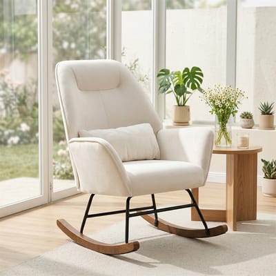 HomeMiYN Schommelstoel – Crème – Teddy Velvet Relaxstoel – Moderne Voedingsstoel met Armleuningen – Max 130 kg – Ergonomische Rugleuning – Rubberhouten Poten – Voor Woonkamer & Slaapkamer