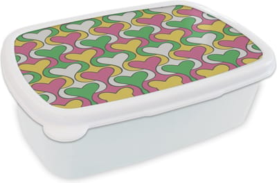 Broodtrommel Wit - Lunchbox Hart - Retro - Patronen - Brooddoos 18x12x6 cm - Brood lunch box - Broodtrommels voor kinderen en volwassenen