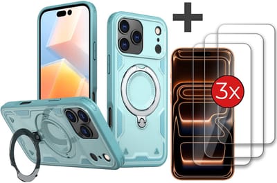 Hoesje Geschikt voor iPhone 17 Pro Max met 3 Stuks gehard glas Screenprotector - Armor hoes met Ringhouder - Arara backcover - Lake Blauw