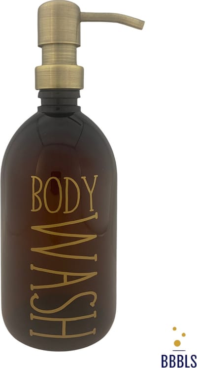 BBBLS® Design Dispenser "Bodywash" | Bruin Kunststof | 500ml | RVS / Metaal Pomp Goud | Zeeppomp | Zeepdispenser | Zeephouder