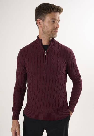 Felix Hardy Kabelgebreide Trui Met Halve Rits - 100% Katoen Heren Bordeaux - 2Xl