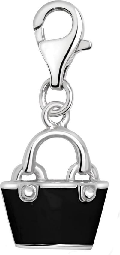 Quiges – 925 - Zilver – Charm - Bedel - Hanger - 3D Handtas Zwart - met – sterling - zilver - karabijnslot - geschikt - voor -Bedelarmband HC083