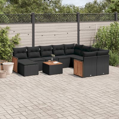 vidaXL - 11-delige - Loungeset - met - kussens - poly - rattan - zwart