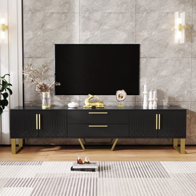 TV-Meubel- Hoogglans, Gouden Handgrepen en Voeten, Gegraveerde Deuren, Opbergruimte - Elegant & Luxueus Ontwerp - MDF - Wit, Goud
