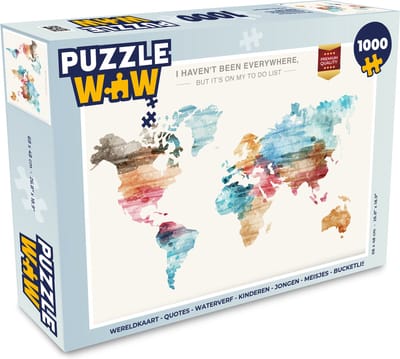 Puzzel Wereldkaart - Quotes - Waterverf - Kinderen - Jongen - Meisjes - Bucketlist - Legpuzzel - Puzzel 1000 stukjes volwassenen