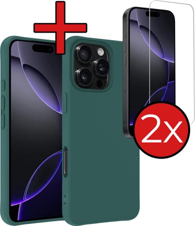 Hoesje - Met 2x Screenprotector - Geschikt voor Apple iPhone 16 Pro - Sterk & Shockproof - Telefoon Hoes - Back Cover - Siliconen Case - Telefoonhoes - Donkergroen