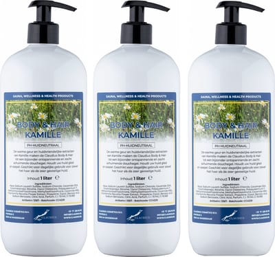Body & Hair Kamille 1 Liter - met gratis pomp- set van 3 stuks - 2 in 1 voor lichaam en haar.