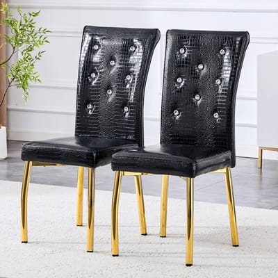 Wishdor - Set Van 2 Eetkamerstoelen - Gevoerd Zitcomfort, Waterafstotend Oppervlak En Verstelbare Voetdoppen - Retro Ontwerp Met Kristalknopdetails - Voor Eethoek - Metaal En PVC - Zwart Met Goudkleurige Poten