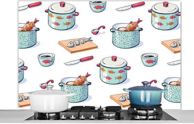 Spatscherm keuken 120x80 cm - Kookplaat achterwand Patronen - Koken - Eten - Vis - Pan - Muurbeschermer - Spatwand fornuis - Hoogwaardig aluminium