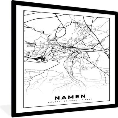 Fotolijst incl. Poster Zwart Wit- Stadskaart – Plattegrond – België – Zwart Wit – Namen – Kaart - 40x40 cm - Posterlijst