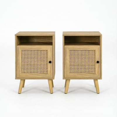 Nachtkastje Set van 2 - Compacte Bijzettafel met Opbergruimte - Rotan en Hout - Voor Slaapkamer en Woonkamer - Natuurlijk - 39x35x60 cm