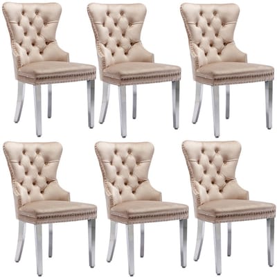 YEHTOKHOME Eetkamerstoelen Set van 6, Keukenstoel Woonkamerstoel met unieke deurklopper op de rugleuning, Gestoffeerde stoel met nagelkoppen, Metalen Poten, Fluwelen bekleding, Beige