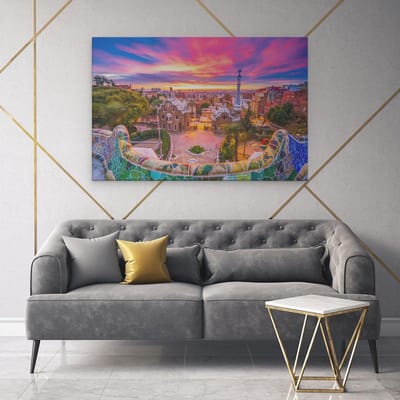 Artaza Canvas Schilderij Barcelona - 120x80 cm - Groot - Wanddecoratie Zonsondergang - Muurdecoratie Skyline - Schilderijen Op Canvas Stad