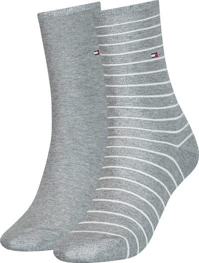 Tommy Hilfiger damessokken Small Stripe (2-pack) - uni en gestreept katoen - grijs melange met wit