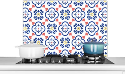 Spatscherm keuken 80x55 cm - Kookplaat achterwand Bloem - Blauw - Rood - Patroon - Muurbeschermer - Spatwand fornuis - Hoogwaardig aluminium