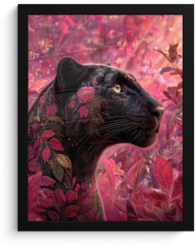 Poster in lijst - Fotolijst 30x40 cm - Posters - Luipaard - Bloemen - Roze - Posterlijst zwart - Decoratie - Wanddecoratie woonkamer - Muurdecoratie slaapkamer