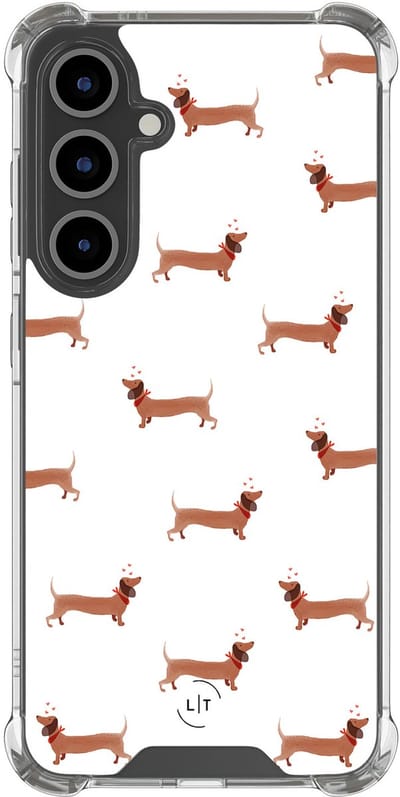 Shockproof hoesje - Geschikt voor Samsung Galaxy S24 FE - Teckels - Extra sterke case - TPU/polycarbonaat - Print / Illustratie - Bruin, Transparant