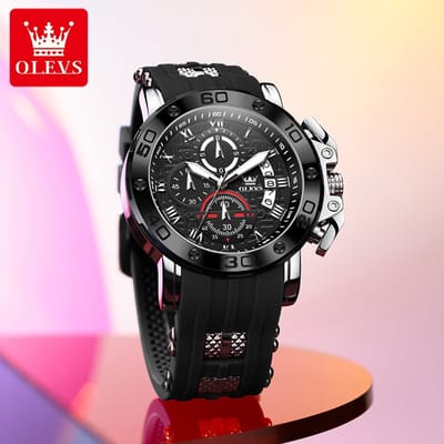 HO-9986.zw-z : OLEVS BRUUT edelstalen quartz horloge, zilverkl kast, zwart siliconenband & wijzerplaat, kalenderdag, seconden, minuten, 10de seconden - aanduiding